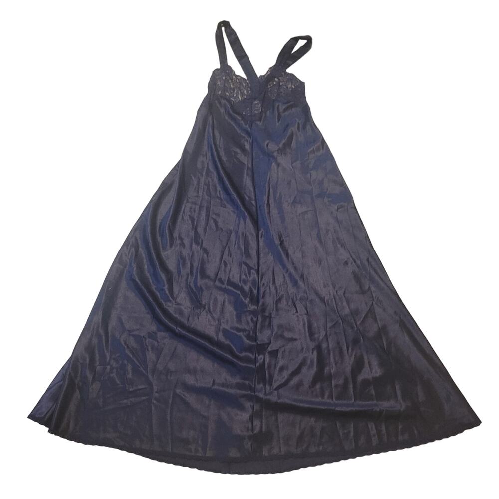 Vanity Fair Slip Dress Womens Medium Blue Maxi Flowy Nightgown USA Made Lace V